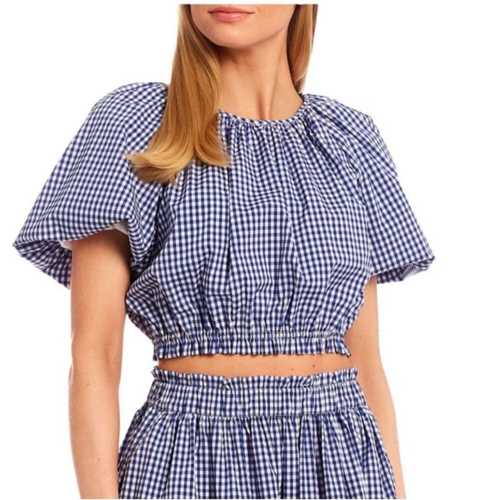 Antonio Melani‎ Womens Gingham Wendy Puff Sleeve Crop Top Blue White Small